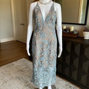 Dress the Population Aurora Dress Teal and tan